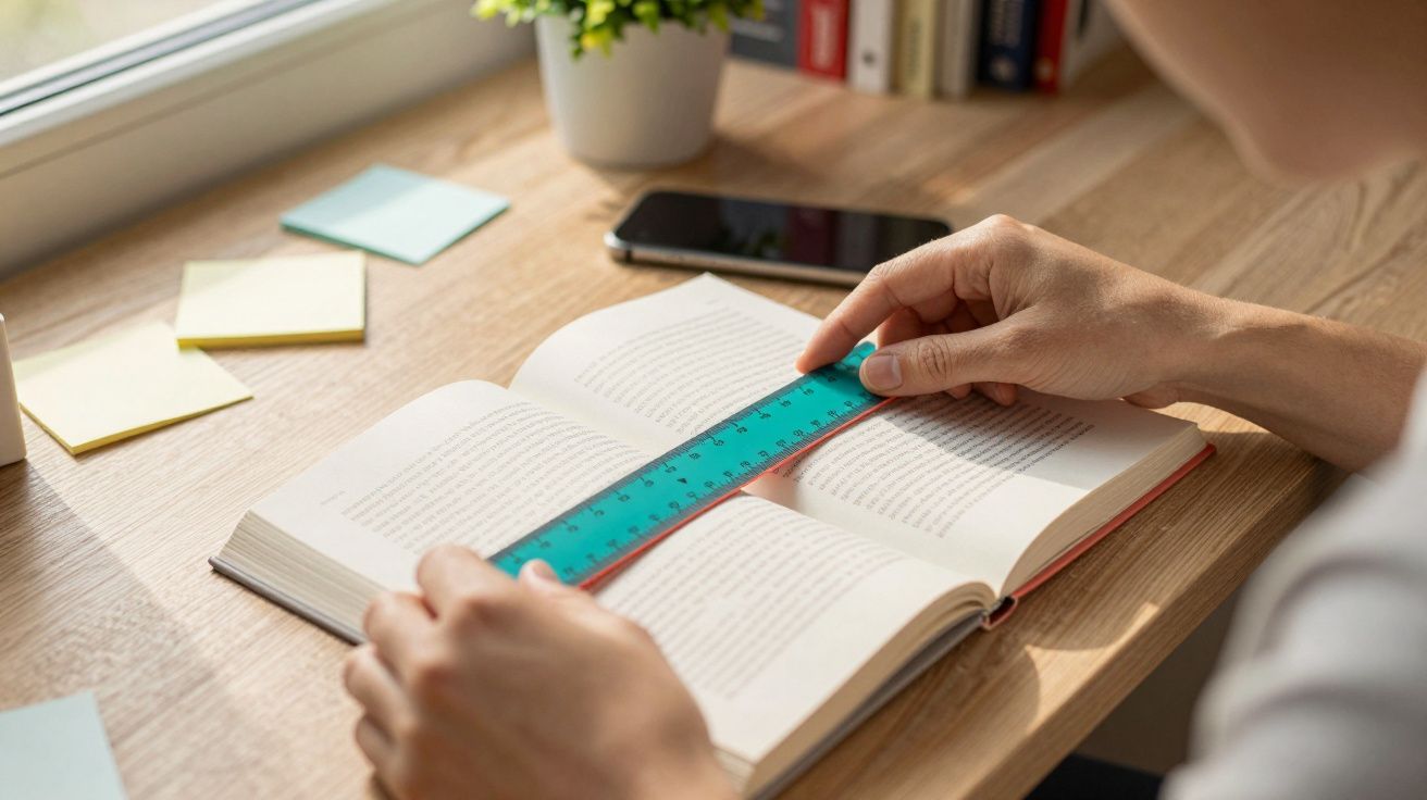 Pessoa usando uma régua azul para sublinhar texto em livro aberto numa mesa de madeira.