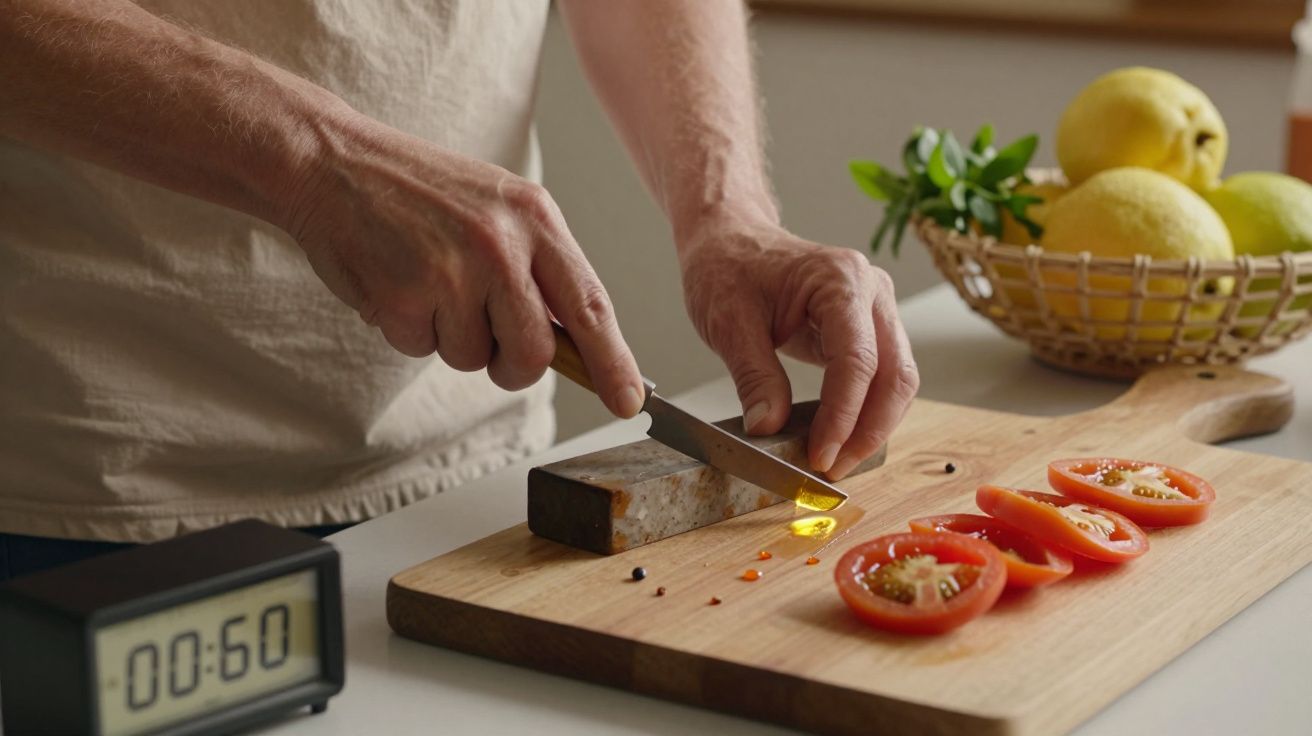 Pessoa corta tomates numa tábua, ao lado de ervas frescas e limões, com um temporizador mostrando 00:60.