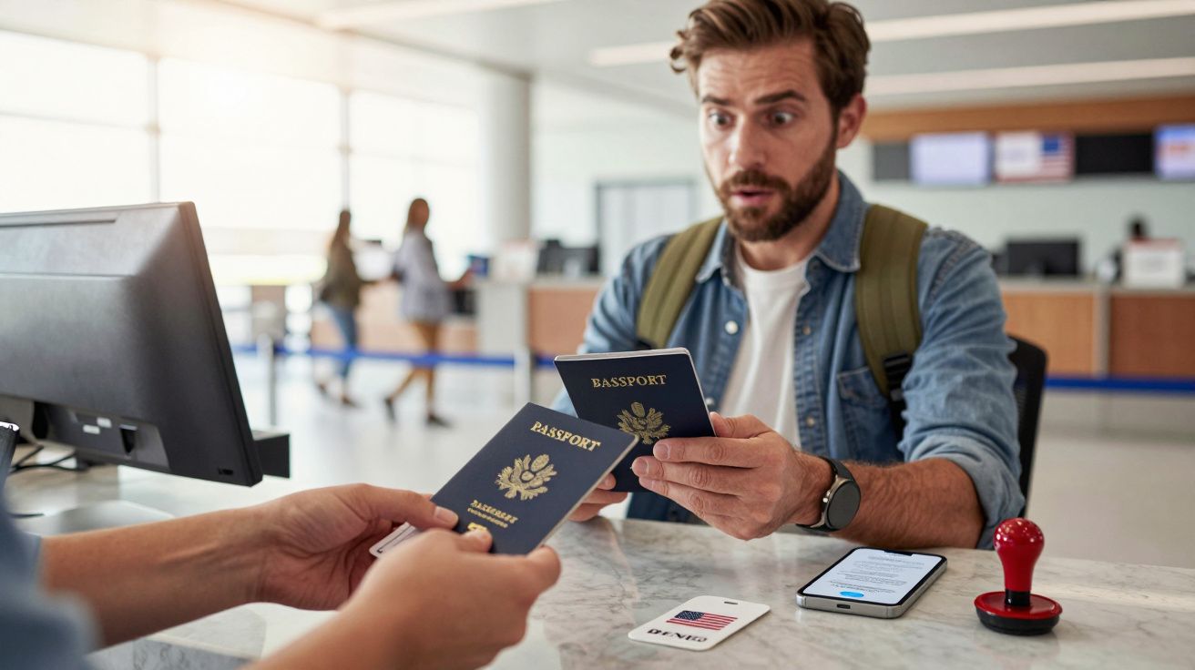 Homem surpreendido segura dois passaportes num balcão de aeroporto, com smartphone e carimbo sobre a mesa.
