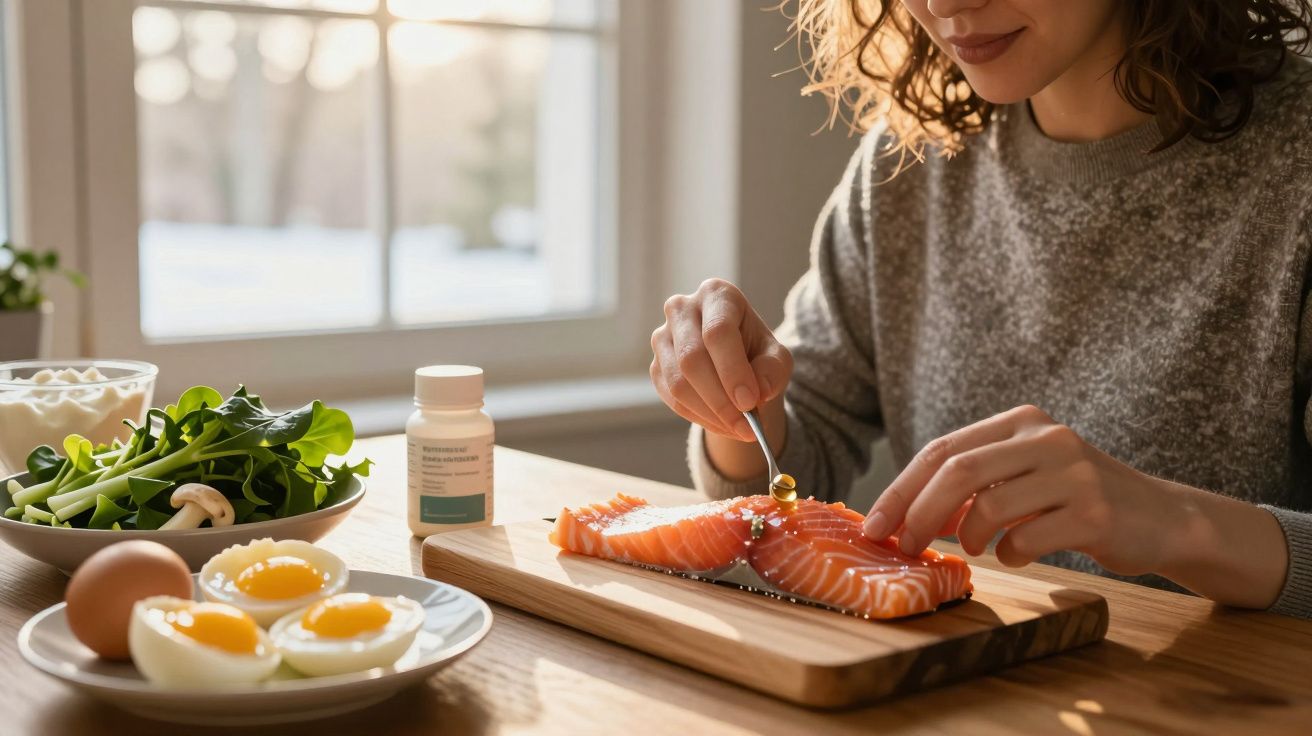 Mulher preparando salmão numa tábua de cozinha, com espinafres e ovos ao lado, numa cozinha iluminada.